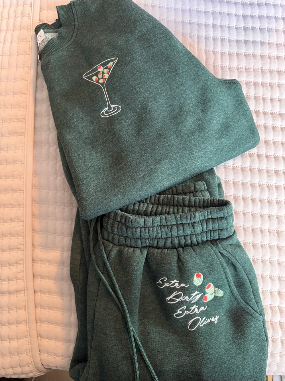Wildfox Green Sweatshirt and Joggers Set with Olive Cocktail Embroidery